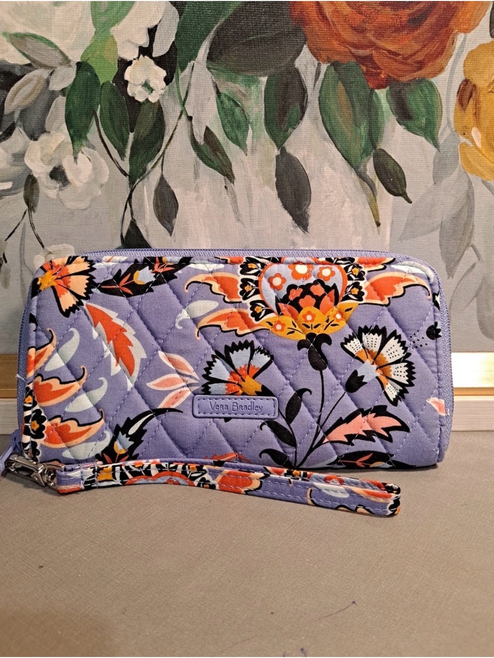 Vera Bradley Purple Floral Quilted Wristlet Wallet with Orange Accents